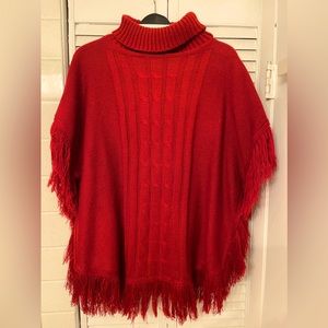 Red Sweater Poncho with Fringe One Size